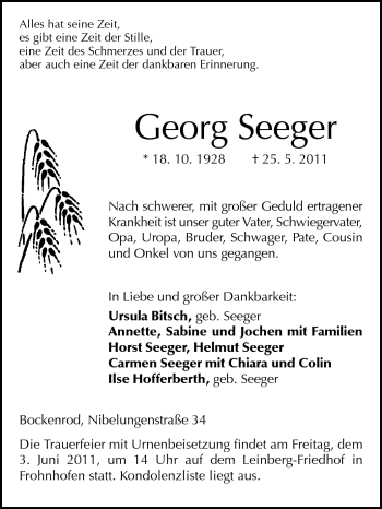 Traueranzeige von Georg Seeger von Odenwälder Echo