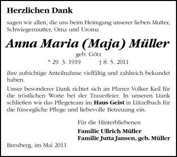 Traueranzeige von Anna Maria Müller von Odenwälder Echo