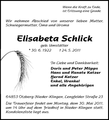 Traueranzeige von Elisabeta Schlick von Echo-Zeitungen (Gesamtausgabe)