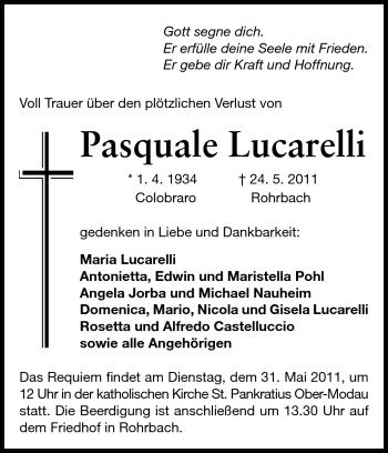 Traueranzeige von Pasquale Lucarelli von Echo-Zeitungen (Gesamtausgabe)