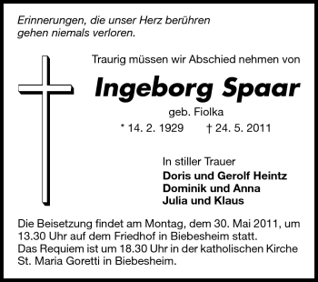 Traueranzeige von Ingeborg Spaar von Rüsselsheimer Echo, Groß-Gerauer-Echo, Ried Echo