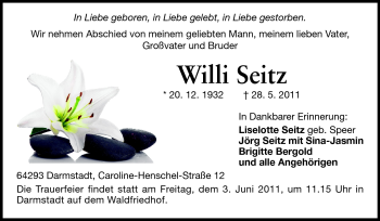 Traueranzeige von Willi Seitz von Darmstädter Echo, Odenwälder Echo, Rüsselsheimer Echo, Groß-Gerauer-Echo, Ried Echo