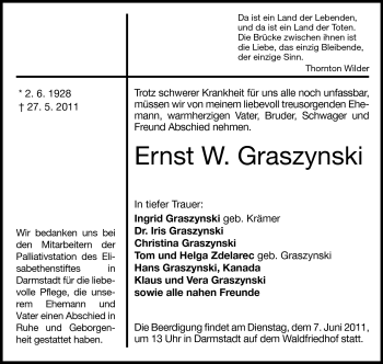 Traueranzeige von Ernst W. Graszynski von Darmstädter Echo, Odenwälder Echo, Rüsselsheimer Echo, Groß-Gerauer-Echo, Ried Echo