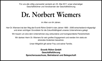 Traueranzeige von Norbert Wiemers von Echo-Zeitungen (Gesamtausgabe)