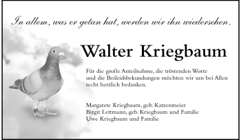 Traueranzeige von Walter Kriegbaum von Echo-Zeitungen (Gesamtausgabe)