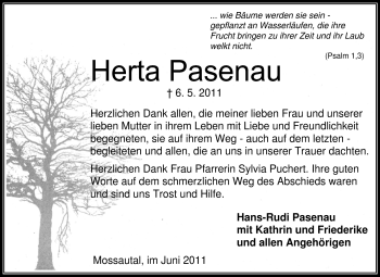Traueranzeige von Herta Pasenau von Odenwälder Echo