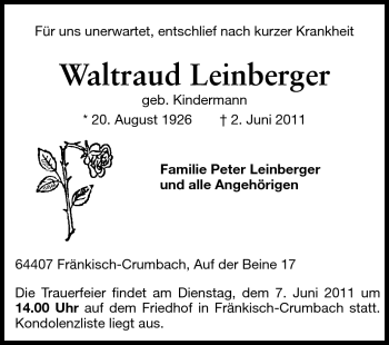 Traueranzeige von Waltraud Leinberger von Odenwälder Echo