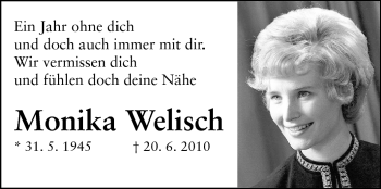 Traueranzeige von Monika Welisch  von Rüsselsheimer Echo, Groß-Gerauer-Echo, Ried Echo