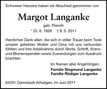 Traueranzeige von Margot Langanke von Darmstädter Echo, Odenwälder Echo, Rüsselsheimer Echo, Groß-Gerauer-Echo, Ried Echo