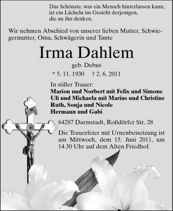 Traueranzeige von Irma Dahlem von Darmstädter Echo, Odenwälder Echo, Rüsselsheimer Echo, Groß-Gerauer-Echo, Ried Echo