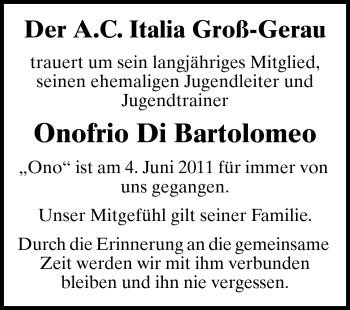 Traueranzeige von Onofrio Di Bartolomeo von Rüsselsheimer Echo, Groß-Gerauer-Echo, Ried Echo