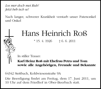 Traueranzeige von Hans Heinrich Roß von Echo-Zeitungen (Gesamtausgabe)