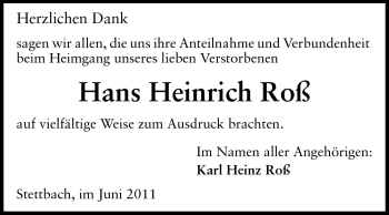 Traueranzeige von Hans Heinrich Roß von Echo-Zeitungen (Gesamtausgabe)