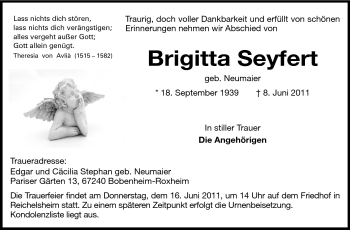 Traueranzeige von Brigitta Seyfert von Odenwälder Echo