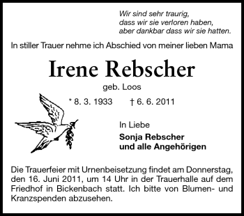 Traueranzeige von Irene Rebscher von Echo-Zeitungen (Gesamtausgabe)