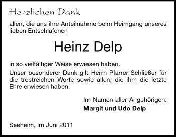 Traueranzeige von Heinz Delp von Echo-Zeitungen (Gesamtausgabe)