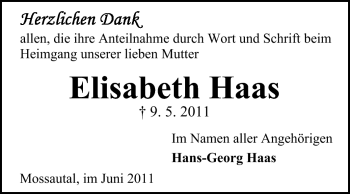 Traueranzeige von Elisabeth Haas von Odenwälder Echo