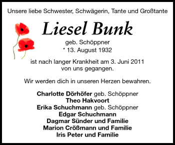 Traueranzeige von Liesel Bunk von Rüsselsheimer Echo, Groß-Gerauer-Echo, Ried Echo
