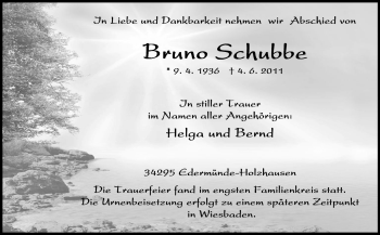 Traueranzeige von Bruno Schubbe von Echo-Zeitungen (Gesamtausgabe)