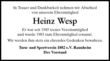 Traueranzeige von Heinz Wesp von Rüsselsheimer Echo, Groß-Gerauer-Echo, Ried Echo