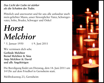 Traueranzeige von Horst Melchior von Rüsselsheimer Echo, Groß-Gerauer-Echo, Ried Echo