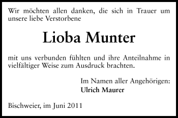 Traueranzeige von Lioba Munter von Darmstädter Echo, Odenwälder Echo, Rüsselsheimer Echo, Groß-Gerauer-Echo, Ried Echo