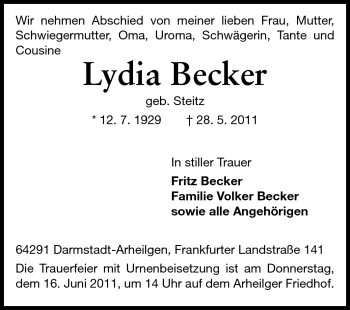Traueranzeige von Lydia Becker von Echo-Zeitungen (Gesamtausgabe)