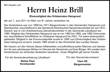 Traueranzeige von Heinz Brill von Odenwälder Echo