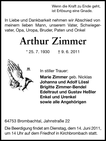 Traueranzeige von Arthur Zimmer von Odenwälder Echo