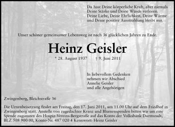 Traueranzeige von Heinz Geisler von Echo-Zeitungen (Gesamtausgabe)