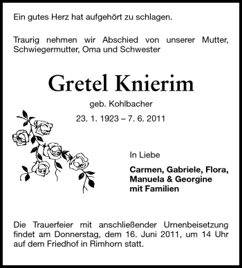 Traueranzeige von Gretel Knierim von Odenwälder Echo