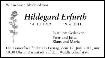 Traueranzeige von Hildegard Erfurth von Rüsselsheimer Echo, Groß-Gerauer-Echo, Ried Echo