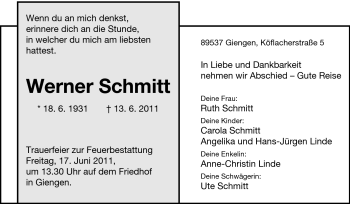 Traueranzeige von Werner Schmitt von Rüsselsheimer Echo, Groß-Gerauer-Echo, Ried Echo