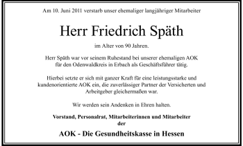 Traueranzeige von Friedrich Späth von Odenwälder Echo