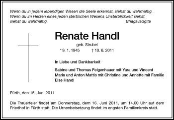 Traueranzeige von Renate Handl von Starkenburger Echo