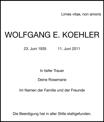 Traueranzeige von Wolfgang Köhler von Echo-Zeitungen (Gesamtausgabe)