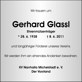 Traueranzeige von Gerhard Glassl von Odenwälder Echo