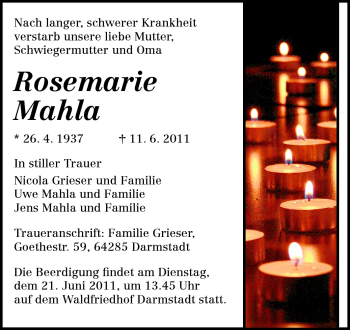 Traueranzeige von Rosemarie Mahla von Echo-Zeitungen (Gesamtausgabe)