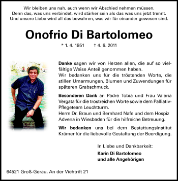 Traueranzeige von Onofrio Di Bartolomeo von Rüsselsheimer Echo, Groß-Gerauer-Echo, Ried Echo