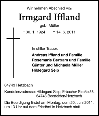 Traueranzeige von Irmgard Iffland von Odenwälder Echo