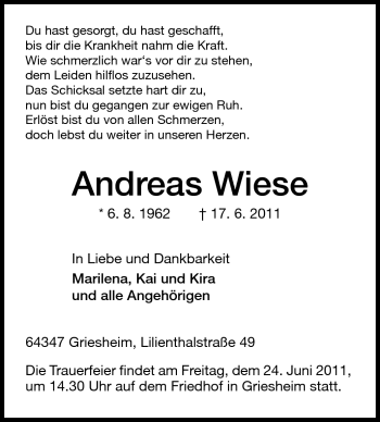 Traueranzeige von Andreas Wiese von Darmstädter Echo, Odenwälder Echo, Rüsselsheimer Echo, Groß-Gerauer-Echo, Ried Echo
