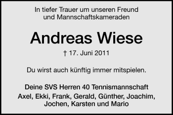 Traueranzeige von Andreas Wiese von Darmstädter Echo, Odenwälder Echo, Rüsselsheimer Echo, Groß-Gerauer-Echo, Ried Echo
