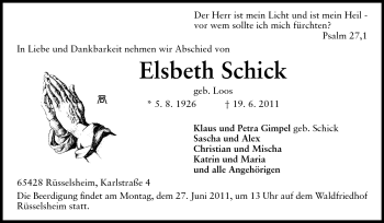 Traueranzeige von Elsbeth Schick von Rüsselsheimer Echo, Groß-Gerauer-Echo, Ried Echo