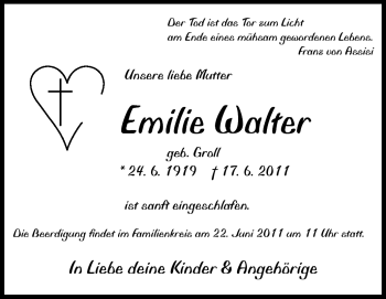 Traueranzeige von Emilie Walter von Odenwälder Echo