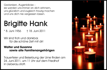 Traueranzeige von Brigitte Hank von Darmstädter Echo, Odenwälder Echo, Rüsselsheimer Echo, Groß-Gerauer-Echo, Ried Echo