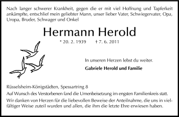 Traueranzeige von Hermann Herold von Rüsselsheimer Echo, Groß-Gerauer-Echo, Ried Echo