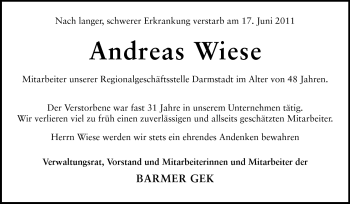 Traueranzeige von Andreas Wiese von Darmstädter Echo, Odenwälder Echo, Rüsselsheimer Echo, Groß-Gerauer-Echo, Ried Echo
