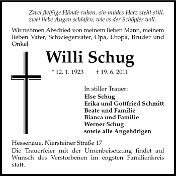 Traueranzeige von Willi Schug von Rüsselsheimer Echo, Groß-Gerauer-Echo, Ried Echo