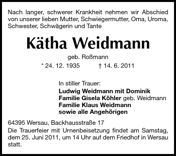 Traueranzeige von Kätha Weidmann von Odenwälder Echo