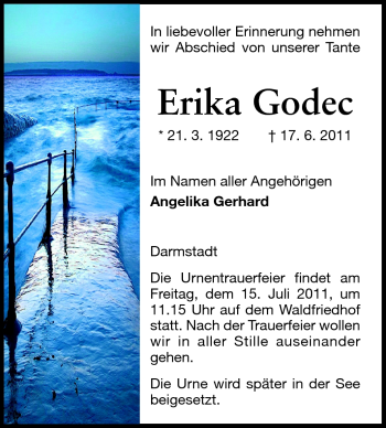 Traueranzeige von Erika Godec von Echo-Zeitungen (Gesamtausgabe)